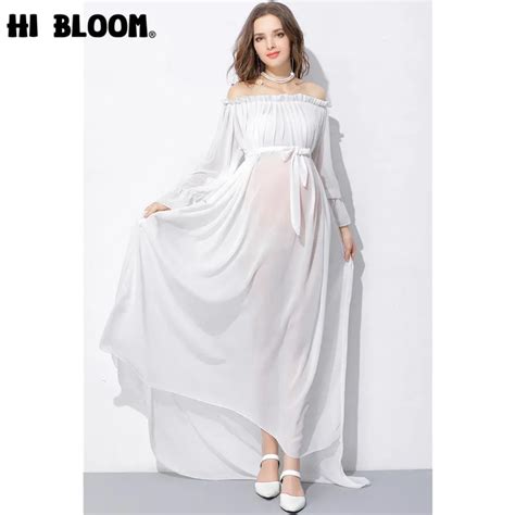 Womens Sexy Off Shoulder Long Sleeve Maternity Dress For Photography See Through Chiffon Maxi