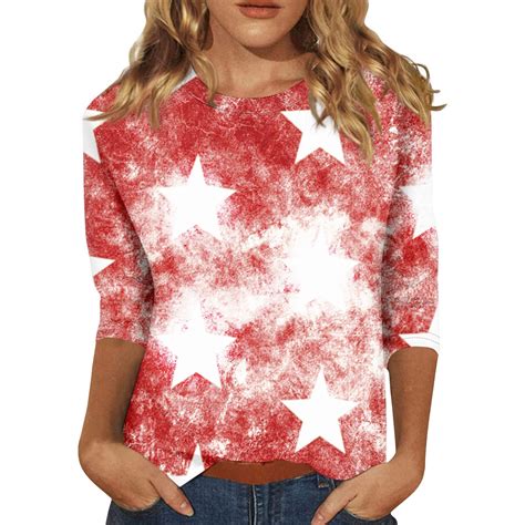 Wangxldd 4th Of July Top For Women 3 4 Length Sleeve Star Stripes American Flag T Shirt Crewneck