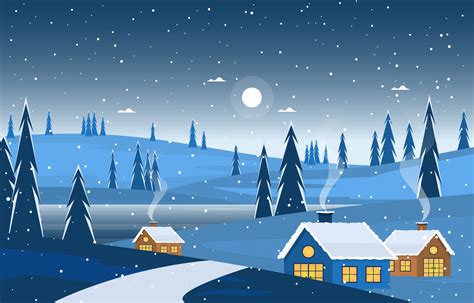 Cozy Winter Night Scene with Trees, Cottages, and Hills 2045881 Vector ...