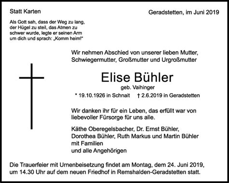 Traueranzeigen von Elise Bühler ZVW Trauer