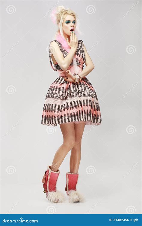 Fashion Style Surprised Eccentric Woman In Trendy Dress Amazement