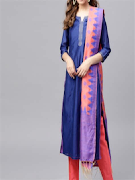 Buy Jaipur Kurti Women Navy Blue Coral Pink Solid Kurta With Trousers