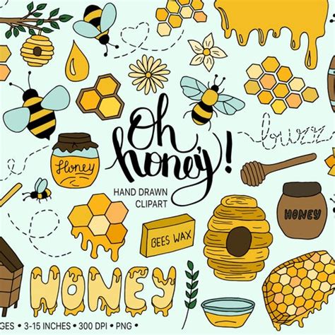 Bee Clipart. Hand Drawn Honey Hive Clip Art. Doodle Floral - Etsy