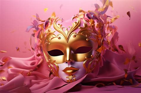 Premium Photo Golden Carnival Mask On A Pink Background