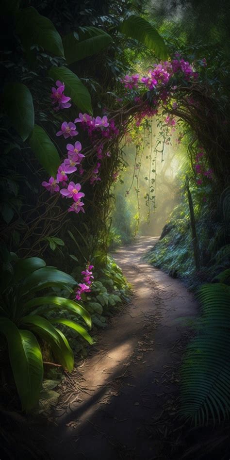 An Image Of A Path In The Woods With Flowers On It And Sunlight Coming