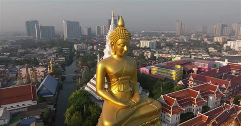 An Aerial View Of The Giant Buddha And Pagoda At Wat Paknam Phasi