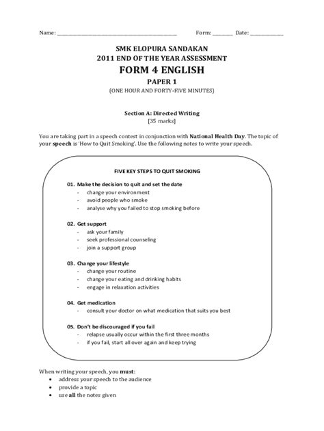 Fillable Online English Languange Form 4 Spm Paper 1 Directed Writing