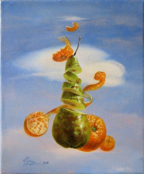 Surrealistic fruit painting and ACEO artcard of a plum on lace