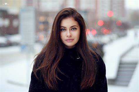 Black Coat Straight Hair Depth Of Field Portrait Smiling Brunette