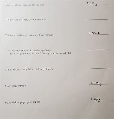 Solved 2 034g Mass Of Salicylic Acid Used In Synthesis Chegg