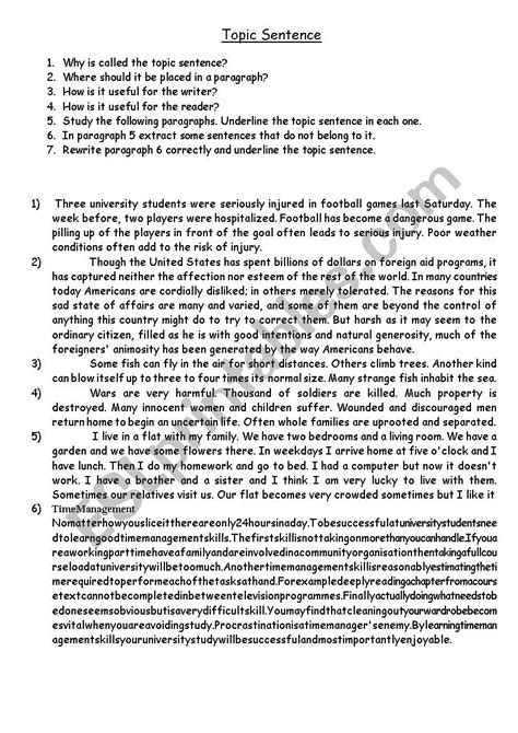 Topic Sentence Esl Worksheet By Rachidnet