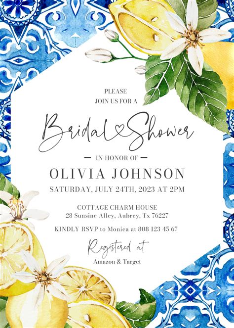 Italian Blue Tile Lemon Bridal Shower Invitation Mediterranean Positano