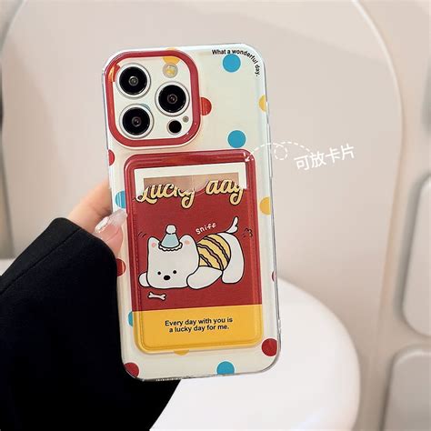 Cute Polka Dot Puppy Card Holder Apple 15 Promax Mobile Phone Case