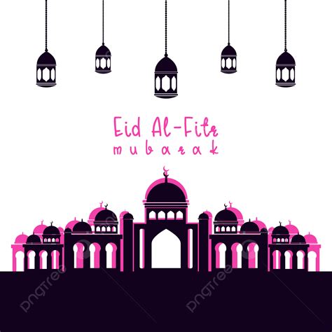 이슬람 Eid Al Fitr 무바라크 보라색 모스크와 등불 투명 배경 디자인 이슬람 축제 Aidil Fitri 행복한