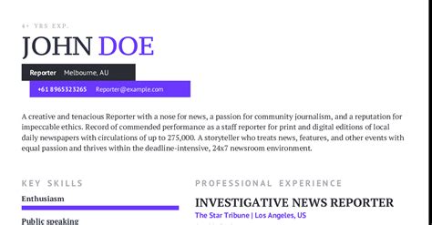 Reporter Resume Example With Content Sample | CraftmyCV