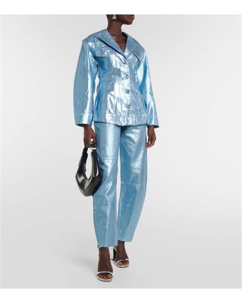 Ganni Foil Metallic Denim Blazer In Blue Lyst