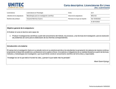 Solution Carta Descriptiva Metodolog A Para La Investigaci N Cient