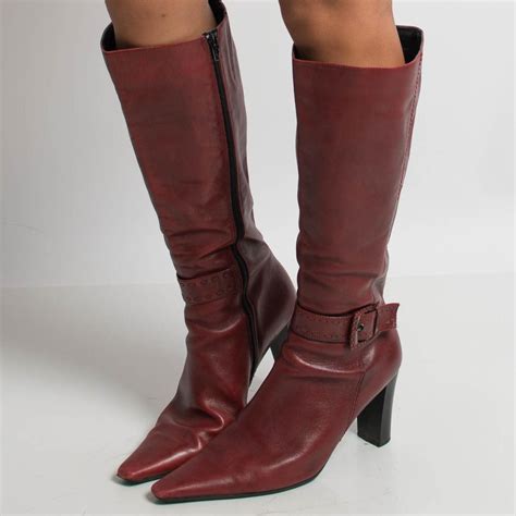 Burgundy Leather High Knee Boots From Depop