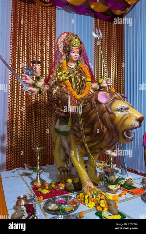 A Beautiful Idol Of Maa Durga Being Worshipped At A Pandal During