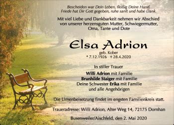 Traueranzeigen von Elsa Adrion Schwarzwälder Bote Trauer