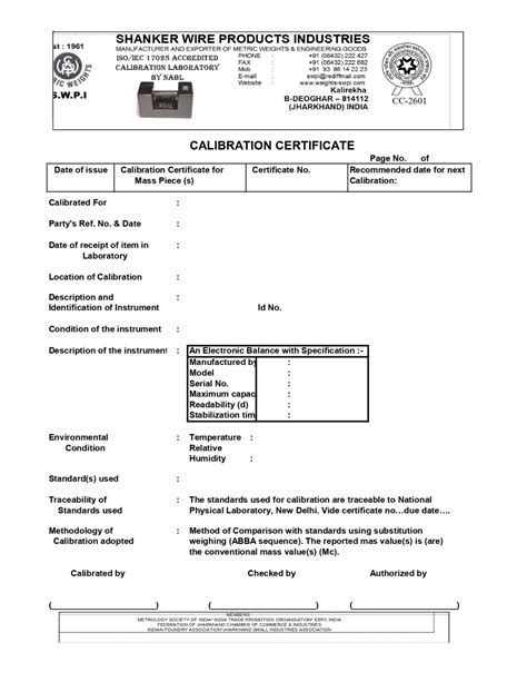 Calibration Certificate For Weighing Scale And Balance Swpi Solid