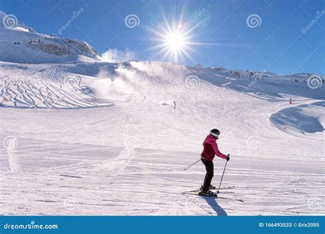 Woman Skier Skiing On Hintertux Glacier In Tyrol Of Austria Stock Image