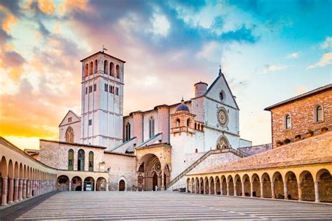 Basilica of St. Francis of Assisi at Sunset, Assisi, Umbria, Italy Stock Image - Image of ...