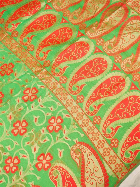 Grass Green Cotton Banarasi Saree With Brocaded Floral Motif Exotic