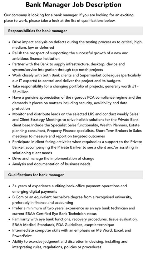 Bank Manager Job Description | Velvet Jobs