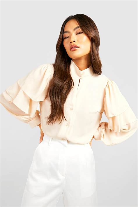 Cream Woven Ruffle Shoulder Volume Sleeve Blouse Boohoo Uk