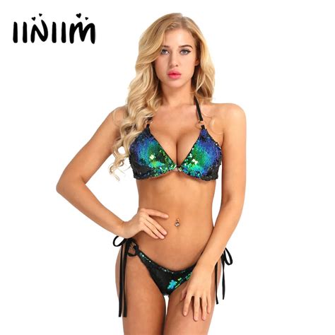 2 Pieces Women Shiny Sequins Metal Loops Strappy Bikini Swimsuit Halter