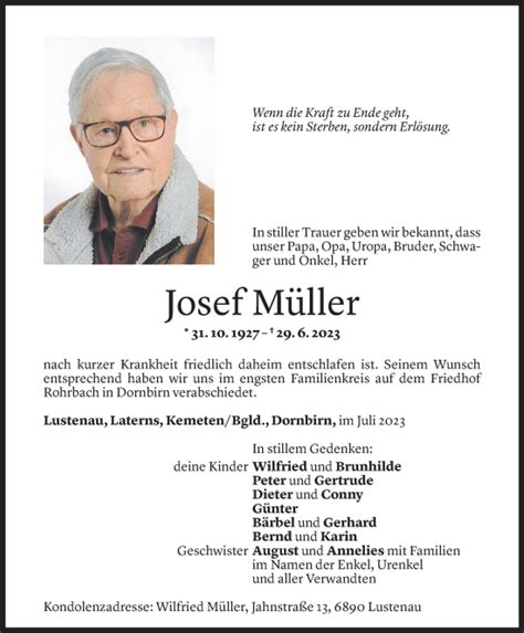 Todesanzeigen von Josef Müller Todesanzeigen Vorarlberger Nachrichten