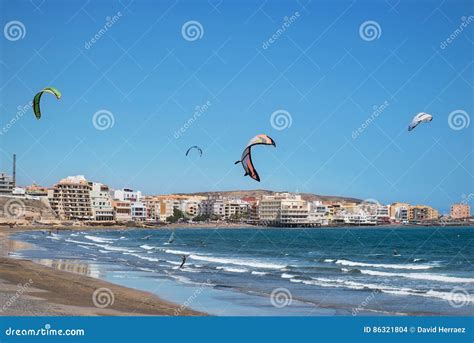 Kitesurfers In El Medano Beach In Tenerife Canary Island Spain