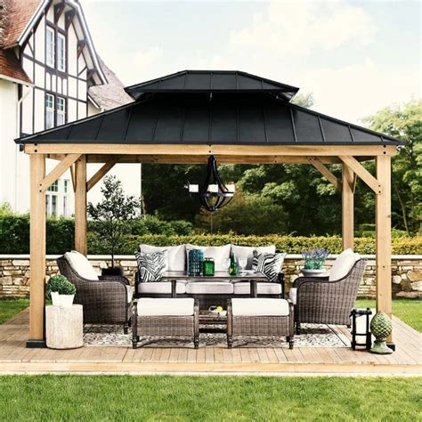 Sunjoy Outdoor Patio 11×13 Black 2 Tier Wooden Frame Backyard Hardtop Gazebo With Ceiling Hook