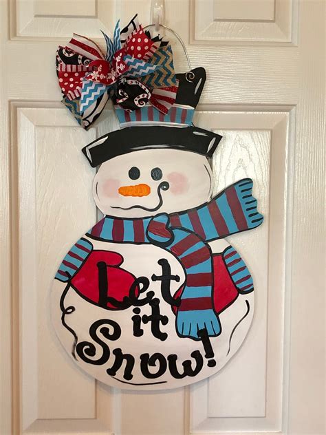 Snowman Door Hanger Painted Wood Snowman Door Hanger Let It Etsy