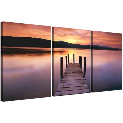 Cheap Lake Sunset Canvas Prints Set of 3 for your Living Room