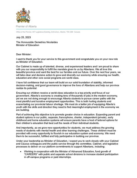 Education Mandate Letter Alberta School Councils Association