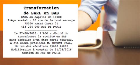 Annonce légale de transformation SARL en SAS Publication et Modèle