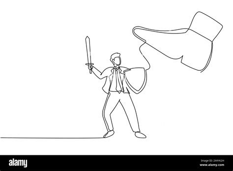 Single Continuous Line Drawing Active Businessman Fight To Giant Foot