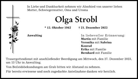 Traueranzeigen von Olga Strobl Allgäuer Zeitung