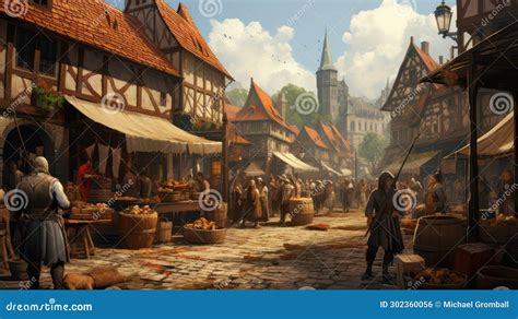 Medieval Market Created with Generative AI. Historic Scene in an Ancient City Stock Illustration ...