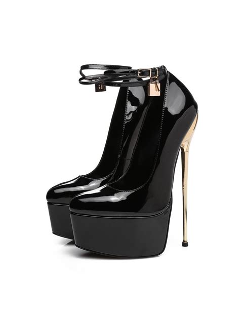 Black Shiny Essence Giaro Slick Platform Pumps With Lock And Ankle Strap