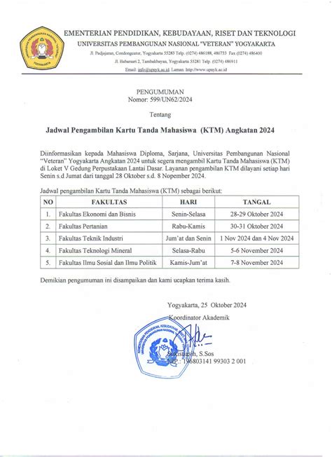 Jadwal Pengambilan Kartu Tanda Mahasiswa Ktm Angkatan Biro