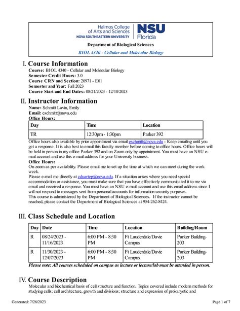 BIOL4340 Cellular And Molecular Biology Syllabus Fall 2023