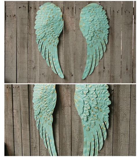 Angel Wings Wall Decor Shabby Chic Aqua Gold Hand Painted Wall Art Upcycled Large