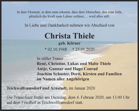 Traueranzeigen Von Christa Thiele Trauer In Thueringen De