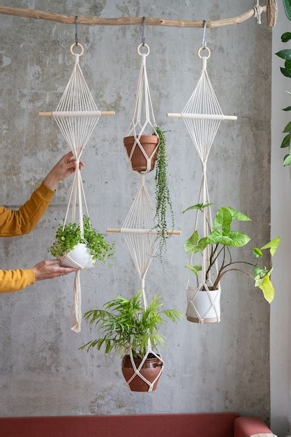 Jardinero de mujer sosteniendo colgador de plantas de macramé con