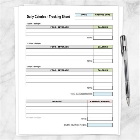 Printable Calories Tracking Sheet Daily Calorie Counting And Exercise Sheet Healthy Eating And