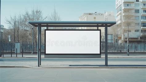 Empty Billboard At A Bus Stop On A Quiet City Street With Trees And