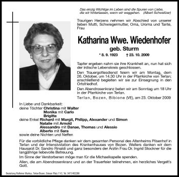 Traueranzeigen Von Katharina Wiedenhofer Trauer Bz